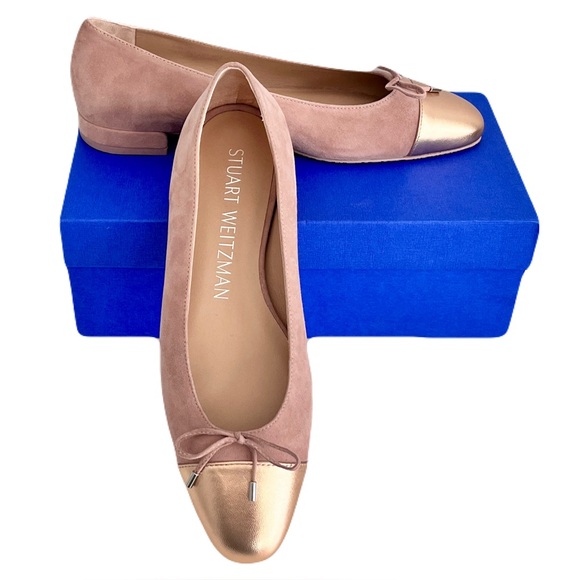 NIB Stuart Weitzman Blush Suede ‘Sleek Bow’ Ballet Flats in “Fawn” Size 9.5